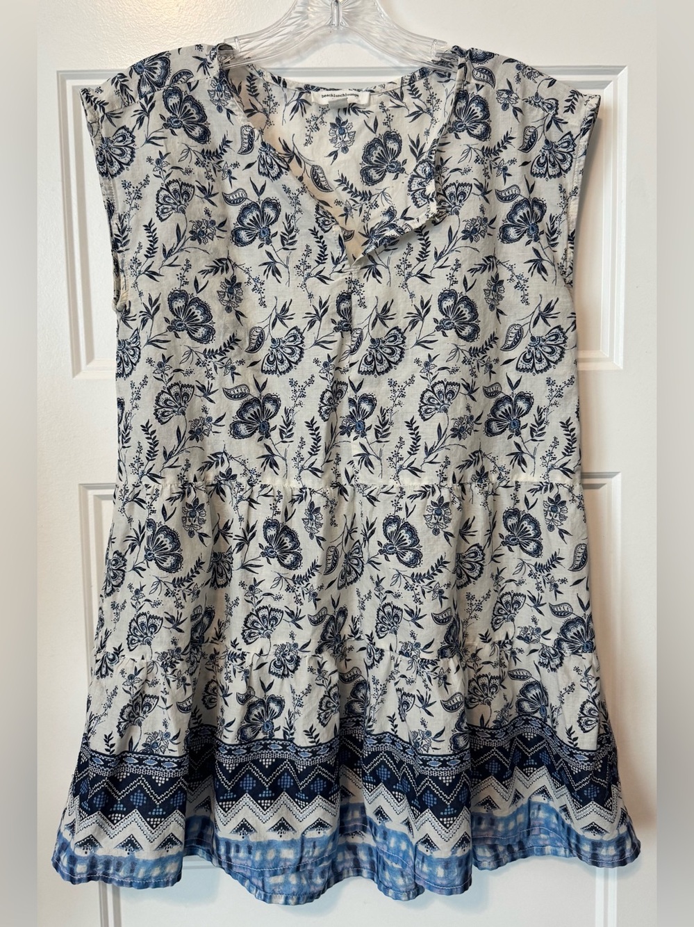 BeachLunchLounge Jessa Blue White Floral Tiered Peplum Tunic Top XS Boho Cotton